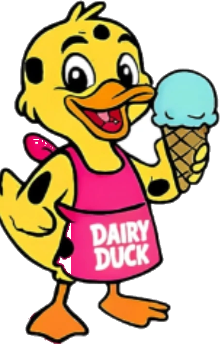The Dairy Duck mascot, a spotted yellow duck in a pink DAIRY DUCK apron, holding a mint green ice cream cone