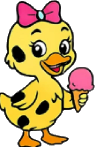 A Dairy Duck duckling with a pink bow, holding a pink ice cream cone