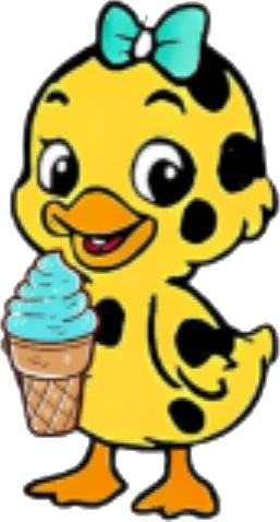 A Dairy Duck duckling with a teal bow, holding a blue ice cream cone