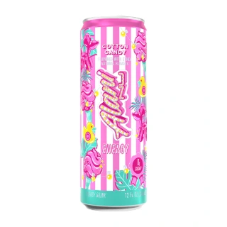 A slim can of Alani Energy in cotton candy, pink and white stripes with a mint green base