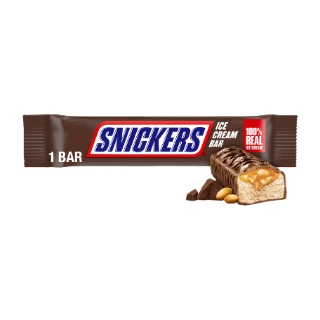A Snickers ice cream bar in its wrapper beside a cut bar showing caramel and peanuts