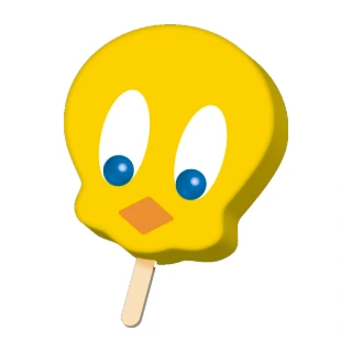 A yellow duck shaped character popsicle with big eyes and an orange beak
