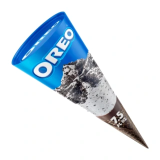 An Oreo cone, cookies and cream ice cream in a chocolate lined wafer cone