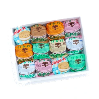 A tray of wrapped Its-It ice cream sandwiches in vanilla, chocolate, mint, strawberry, pumpkin and cappuccino