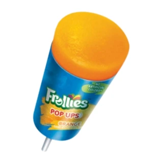An Orange Frollies Pop Up, orange sherbet pushed up out of a blue tube