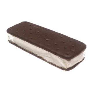 A vanilla ice cream sandwich between two soft chocolate wafers