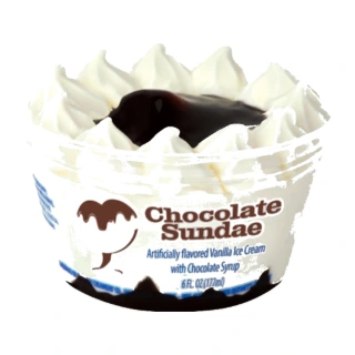 A cup sundae: swirled vanilla ice cream with chocolate syrup in the middle