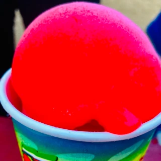 A cup of the Original Philadelphia Water Ice, a red dome of ice above the rainbow cup